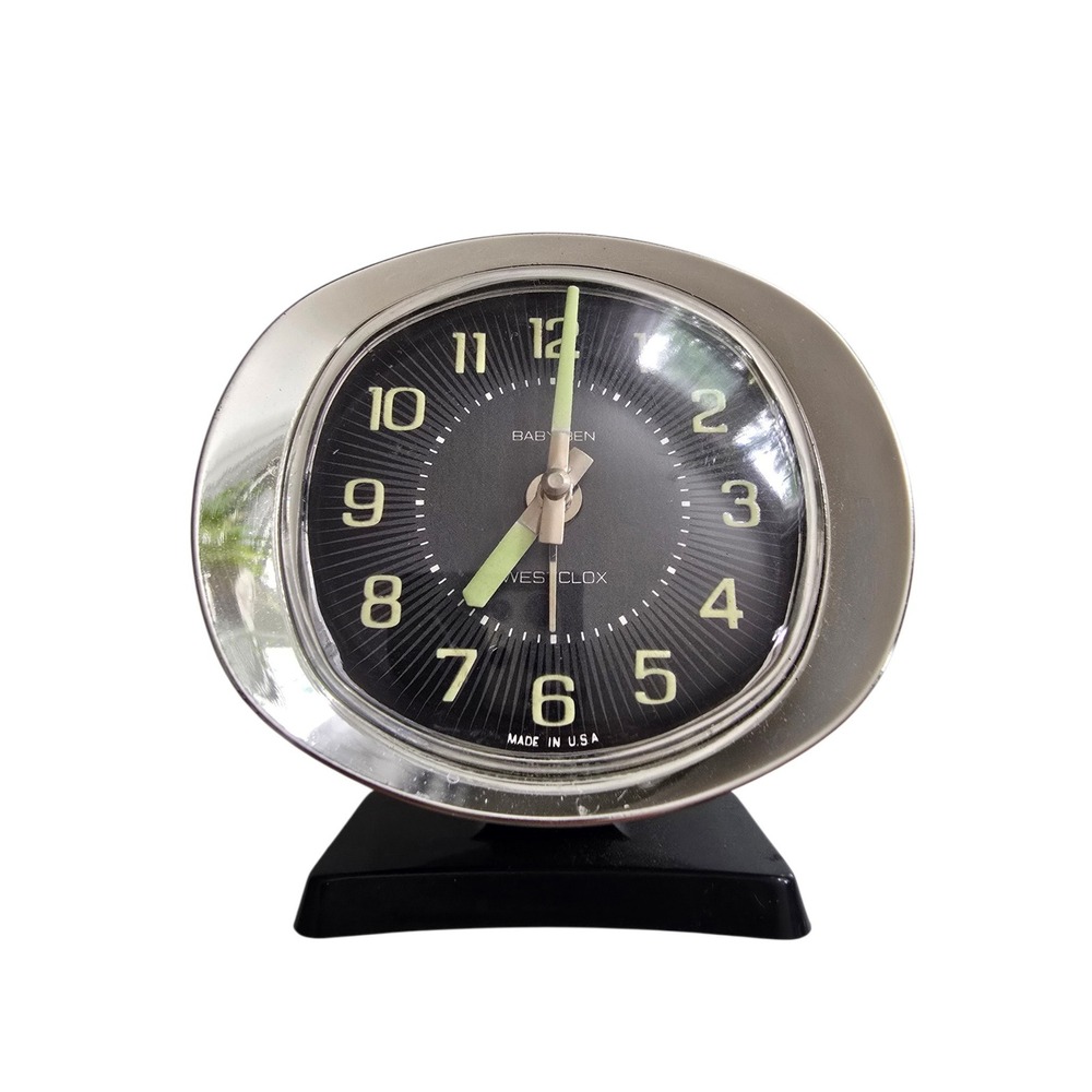 Vintage Westclox Baby Ben Alarm Clock Black Sunburst Dial Silver Bezel USA MCM